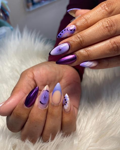 Out with the blue, in with the purple💜 . . . #nails #nailusa #nailart #naildesign #nailsofInstagram #naildesigns #nailsoftheday #naildesignsideas #acrylic #acrylicnails #raleigh #durham #raleighnails #trend #trendynails #winternails Purple And Blue Acrylic Nails, Witchy Acrylic Nail, Purple Freestyle Nails, Purple And Blue Nails Ideas, Dark Purple Nails Short, Blue And Purple Nails Designs, Purple Abstract Nails, Purple Autumn Nails, Purple Witchy Nails