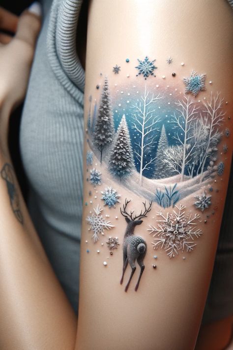 Christmas Tattoos That'll Have You Making Snow Angels Christmas Tattoos Ideas, Winter Tattoo Sleeve, Snow Owl Tattoo For Women, Unique Remembrance Tattoos, Christmas Tatoos Ideas, Seasons Tattoo Sleeve, Lacey Tattoos, Seasonal Tattoos, Christmas Tattoos For Women