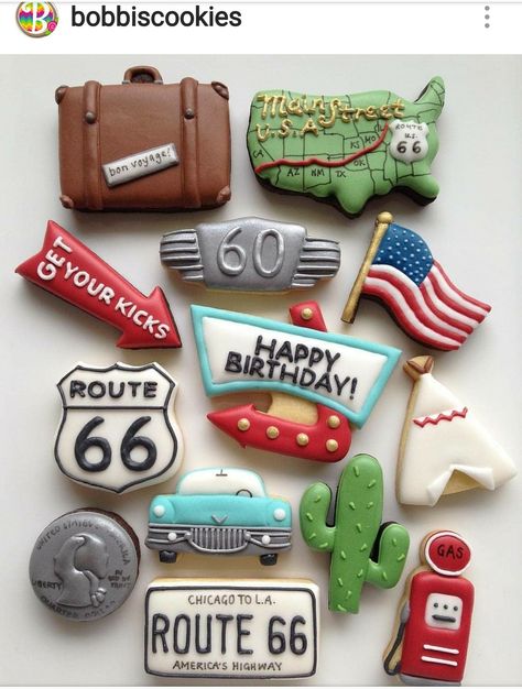 . Route 66 Party, Travel Cookies, Route 66 Theme, Balloon Cookies, Travel Party Theme, Crunchy Cookies, Cookie Frosting, Milk Cookies, Iced Cookies