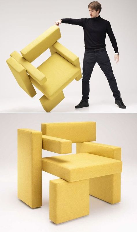 Made from several soft cushioned blocks lined in an abstract form, this chair reminds one of the Tetris game. Each block seems to be frozen in its position, giving it a sort of floating effect. Abstract Chair Design, Lego Chair, Block Furniture, Cube Furniture, Tetris Game, Cube Chair, Modular Chair, Design Object, Dark Furniture