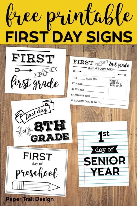 Free printable first day of school signs for the perfect back to school picture. Preschool, kindergarten, and first grade through high school. #papertraildesign #firstday #firstdayofschool #school #firstdayofpreschool #firstdayofkindergarten #firstdayoffirstgrade #firstdayofmiddleschool #firstdayofhighschool #firstdaypictures First Day Of Eighth Grade Sign, First Day If School Sign, First Day Of Grade 2 Sign, First Day Last Day Of School Printables, First Day Free Printable Signs, First Day Kindergarten Sign, First Day Of Senior Year Free Printable, First Day Of School 2023-2024, First Day Of Fourth Grade Sign