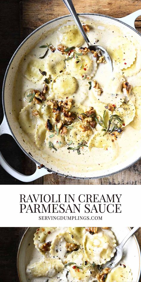 Unique Ravioli Filling, Ravioli Cream Sauce, Ravioli Sauce Recipe, Dumpling Recipes, Ravioli Sauce, Pasta Bakes, Creamy Parmesan Sauce, Parmesan Cream Sauce, Homemade Ravioli