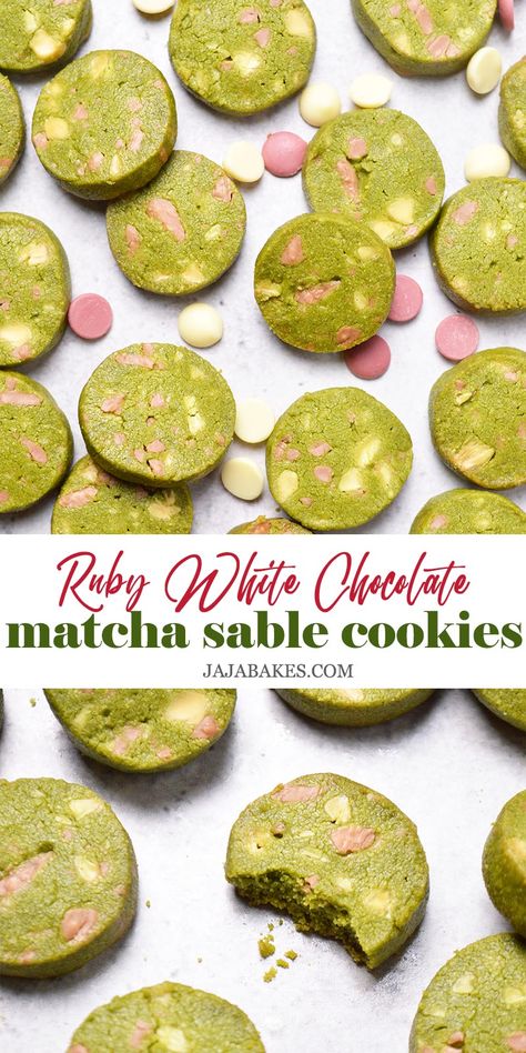 The unique flavor combination of bitter matcha, tangy ruby chocolate, and sweet white chocolate in these Ruby White Chocolate Matcha Sable Cookies is surprisingly delightful! Cookie Flavor Combinations, Ruby Chocolate Cookies, Sables Cookies, Sable Cookies Recipe, Sable Cookie, Matcha Shortbread Cookies, Sable Recipe, White Chocolate Matcha, Raya Cookies