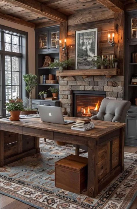 Rustic Home Office Ideas, Office With Fireplace, Cabin Office, Chic Office Decor, Rustic Home Offices, Rustic Office, Cozy Office, Beautiful Office, Chic Office