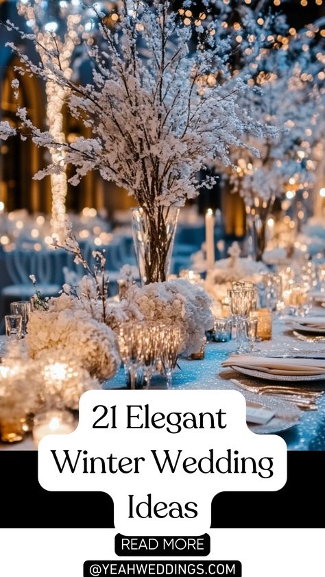 An elegant winter wedding setup with stunning décor and cozy venue, perfect for creating a magical winter wonderland celebration. Winter Theme Wedding Centerpieces, Elegant Wedding Lights, Winter Wonderland Wedding On A Budget, Christmas Wedding Centerpieces Diy Winter Wonderland, Guest Book Ideas For Winter Wedding, Winter Conservatory Wedding, White And Green Winter Wedding Centerpieces, Snowy Wedding Reception, December Wedding Ideas On A Budget