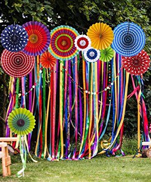 AmazonSmile: 12 Paper Fan Mexican Fiesta/Cinco De Mayo /Carnival/ Kids Party Hanging Decoration Supplies Favors: Toys & Games Fan Party Decorations, Fiesta Mexicana Ideas, Ribbon Backdrop, Mehendi Decor Ideas, Pennant Garland, Holi Party, Paper Fan Decorations, Carnival Decorations, Fiesta Theme Party