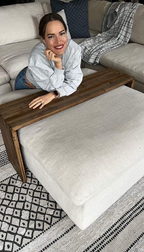 DIY Ottoman Table -Tutorial Coffee Table And Ottoman In Same Room, Table Top For Ottoman, Diy Square Ottoman, Waterfall Ottoman Table Diy, Diy Ottoman Table Top, How To Style Ottoman, Diy Over Ottoman Table, Table Over Ottomans Diy, Diy Over Ottoman Coffee Table