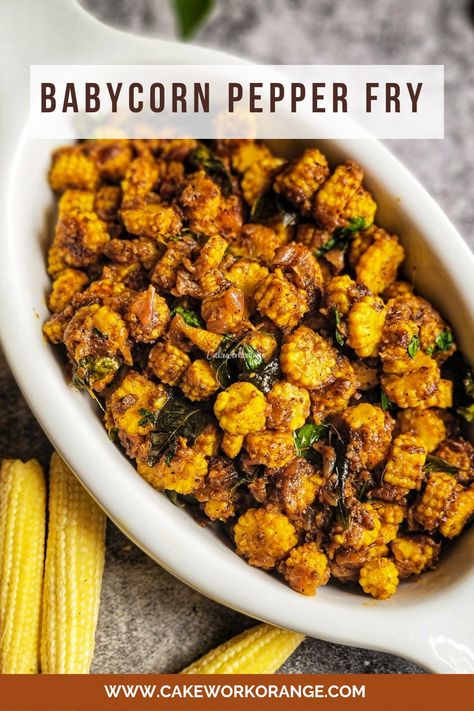 A bowl of baby corn pepper fry ready to be served Baby Corn Salad, Baby Corn Recipe Indian, Baby Corn Fry, Baby Corn Recipe, Vegetarian Appetizer, Indian Side Dishes, Cheese Potato, Veg Curry, Baby Corn