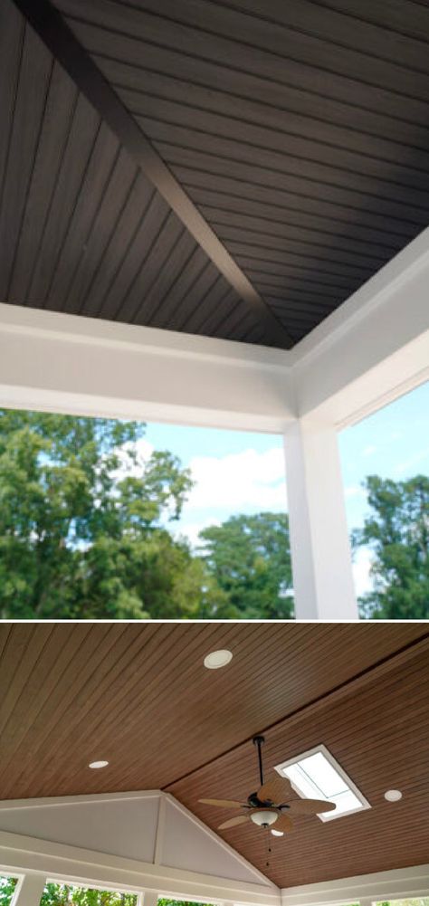 Porch Pvc Ceiling Design, Vinyl Ceiling Porch, Shiplap Ceiling Outdoor Patio, Porch Shiplap Ceiling, Covered Patio Ceiling Ideas Wood, Wood Outdoor Ceiling, Patio Cover Ceiling Ideas, Exterior Beadboard Porch Ceiling, Outside Ceiling Ideas