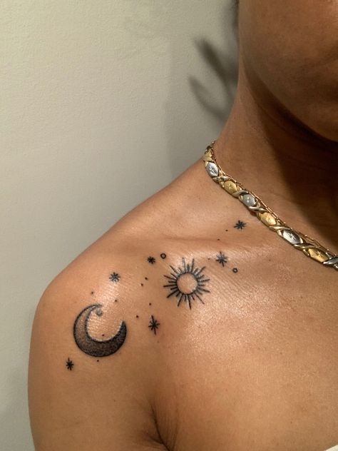 Sun Moon Stars Back Tattoo, Tattoo Of Moon And Stars, Sun Moon Stars Earth Tattoo, Sun Moon Star Shoulder Tattoo, Afro Sun Tattoo, Ezili Dantor Tattoo, Sun Moon And All My Stars Tattoo, Sun Moon Tattoos For Women, Sun And Moon Tattoo Black Woman