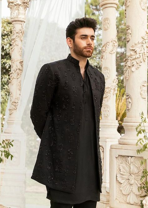 Black Indo Western Dress Men, Barat Outfit, Western Outfits For Men, Sadaf Fawad Khan, Indo Western Outfits For Men, Indo Western Dress For Men, Indian Wedding Suits Men, Wedding Clothes For Men, Indian Wedding Clothes For Men