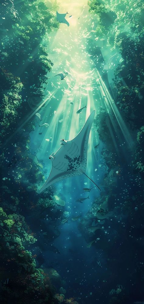 A manta ray inspired anime-like mobile wallpaper. Underwater Anime Wallpaper, Manta Ray Phone Wallpaper, Phone Wallpaper Underwater, Sea Creature Wallpaper Iphone, Ocean Creatures Wallpaper, Manta Ray Wallpaper Iphone, Stingray Wallpaper Iphone, Anime Sea Wallpaper, Underwater Phone Wallpaper