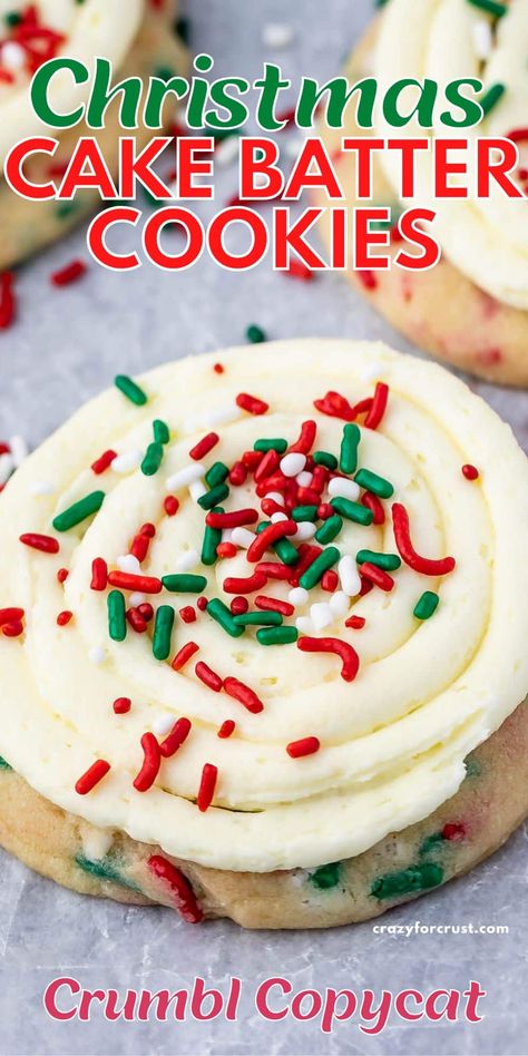 Sprinkle Christmas Cake, Confetti Cake Batter Cookies, Copycat Crumbl Christmas Cookies, Easy Treats Christmas, Christmas Cookie Ice Cream Sandwiches, Sprinkle Cake Cookies, Cookie With Frosting Recipes, Crumbl Cookie Strawberry Shortcake, Cake Box Snickerdoodle Cookies