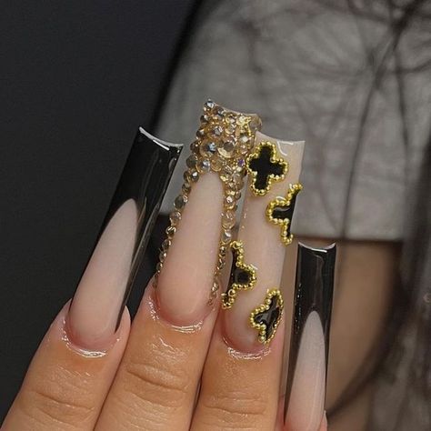 Elegant Black Acrylic Nails, Black White And Gold Acrylic Nails, Black Nails Gold Gems, Black Gold And Nude Nails, Good And Black Nails, Black And Gold Nails Quince, Black Shirt Nails Ideas, Black Nails Homecoming, Black And Gold Nails Square