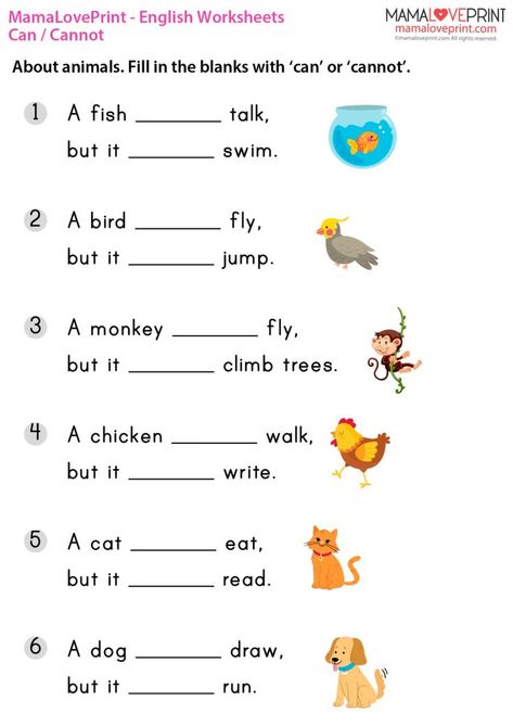 MamaLovePrint . Grade 1 English Worksheets . Basic Grammar (Can, Cannot) PDF Free Download English Verbs Worksheets, Basic English For Kids, Free English Worksheets, Worksheets For Class 1, English Grammar For Kids, Grammar For Kids, English Grammar Book, English Activities For Kids, English For Beginners