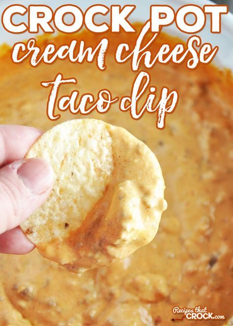 Whether you are going to a pitch-in (what us Hoosiers call a potluck) or wanting to add a special dip to Taco Night, this Crock Pot Cream Cheese Taco Dip is sure to be a favorite! #CrockPot #CrockPotRecipes #CheeseDip #Dip #Cheese #slowcooker Hot Taco Dip, Cream Cheese Taco Dip, Cheese Dip Crock Pot, Chip Dip Recipes, Cheese Taco, Recipe Appetizers, Taco Dip Recipe, Crock Pot Dips, Crockpot Appetizers