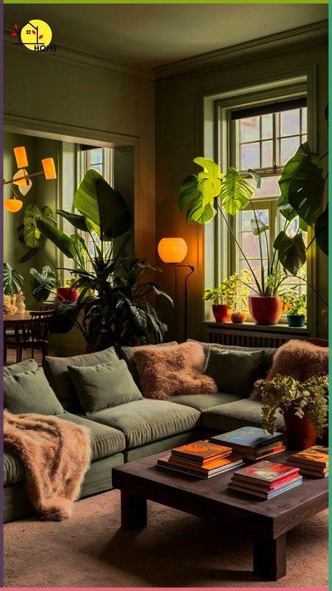 Plant House Decoration Living Rooms, Cozy Green Apartment, Living Room Inspiration Earthy, Apartment Decorating Green, Green Eclectic Living Room, Living Room Inspiration Cozy Green, Green Cozy Living Room, Cozy Green Living Room, Comfy Interior Design