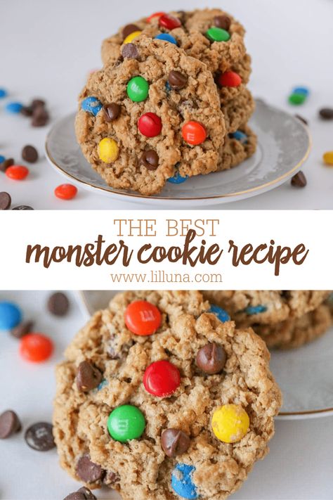 Bake up a batch of these monster cookies for any occasion. They are chewy, crunchy, and hard to eat just one! #monstercookies #cookies #cookierecipe #dessert #peanutbutter Monster Cookies Recipe Easy, Monster Cookies Without Peanut Butter, Best Monster Cookies Recipe, Monster Cookie Recipe, Gluten Free Monster Cookies, Monster Cookies Recipe, Cookie Recipes Chewy, Monster Cookie, Giant Cookie