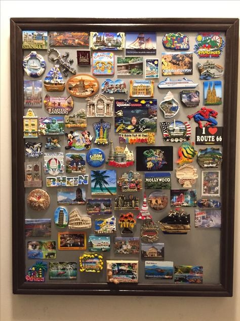 DIY Magnet Board Magnet Board Decor, Magnet Frame Display, Magnet Frame Diy, Magnetic Display Board, Post Card Display Diy, Magnet Board For Travel Magnets, Magnetic Board For Travel Magnets, Souviner Ideas Travel, Magnet Collection Display Ideas