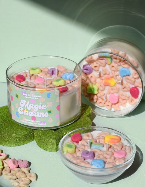 Scented like magically delicious marshmallows! Made with 100% Vegan Soy Wax Cotton Wicks - Lead/Zinc Free Paraben/Phthalate Free Fragrance and Eco Dyes Handmade with love in New Jersey Every product is uniquely handmade (colors may slightly vary) CANDLE CARE Always trim wick before relighting. Keep debris out of wax pool. Never burn longer than 4-hour intervals. Set candle on heat-resistant surface and avoid drafts. Always burn within sight. Don't burn near things that catch fire. Keep away from Lucky Charms Cereal Candle, How Do You Make Candles, Cool Candle Designs, Cool Candles Aesthetic, Cute Wax Melts, Soy Candle Making Business, Preppy Candles, Wax Melt Ideas, Special Candles