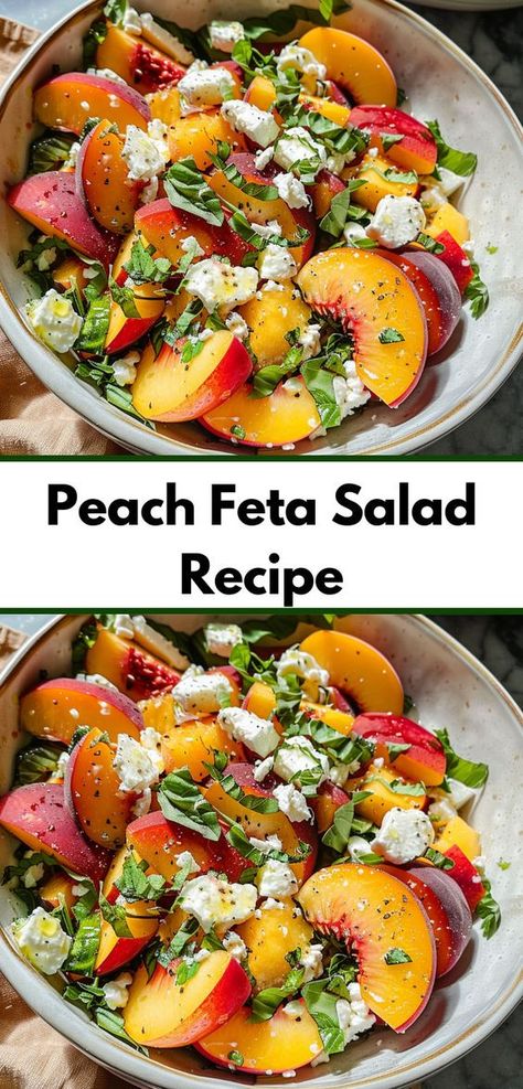 Want a refreshing peach salad recipe? Our Simple Peach Feta Salad blends juicy peaches with creamy feta. Among the top fresh peach recipes, this salad is a must-try for easy, delicious salad ideas. Peach Raspberry Salad, Salad Recipes With Peaches, Fall Peach Salad, Peach And Feta Salad, Salad With Peaches And Feta, Grilled Peach Salad Recipes, Peach Balsamic Salad, Fresh Summer Recipes Dinners, Fresh Peach Recipes Dinner