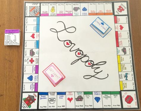 Valentine's Monopoly board! Handmade Monopoly Board, Couple Monopoly, Homemade Monopoly Board, Monopoly Diy Ideas, Diy Monopoly Board Ideas, Monopoly Board Ideas, Diy Monopoly Board, Homemade Monopoly, Diy Board Game Ideas