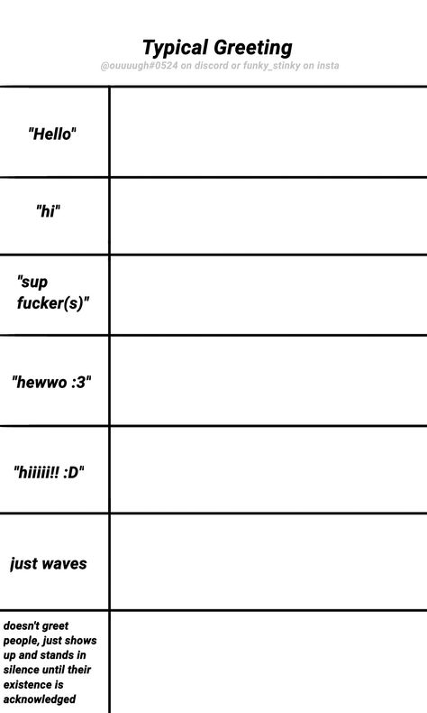 How To Refer Me Template, Charts For Characters, Draw Your Mutuals Ocs Template, Two Ocs Base, Sheets To Fill Out For Fun, Me In Template, Who Would Do What Template, Cosplay Boundaries Template, Oc Funny Templates