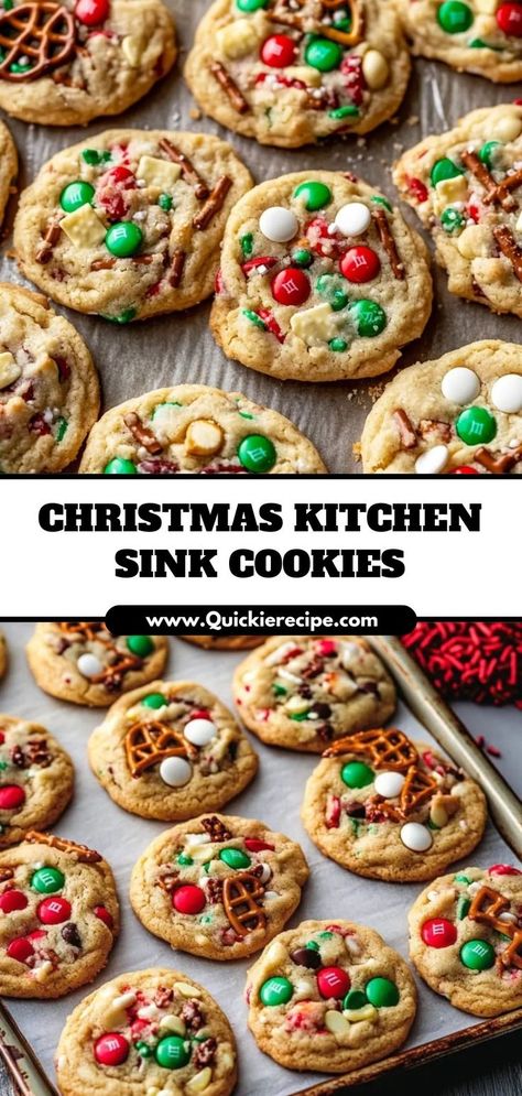 Packed with chocolate, pretzels, sprinkles, and more, these Christmas Kitchen Sink Cookies are a sweet-and-salty treat that’s perfect for the holidays. Ingredients: 1 cup butter, softened 1 cup sugar 2 cups flour 1 cup chocolate chips 1/2 cup crushed pretzels Holiday sprinkles A cookie loaded with all your favorite festive mix-ins Christmas Desserts Pretzels, Kitchen Sink Cookies Recipe, Christmas Chocolate Chip Cookies, Sink Cookies, Christmas Cookie Exchange Recipes, White Chocolate Pretzels, Kitchen Sink Cookies, Christmas Cookie Recipes Holiday, Cookie Exchange Recipes