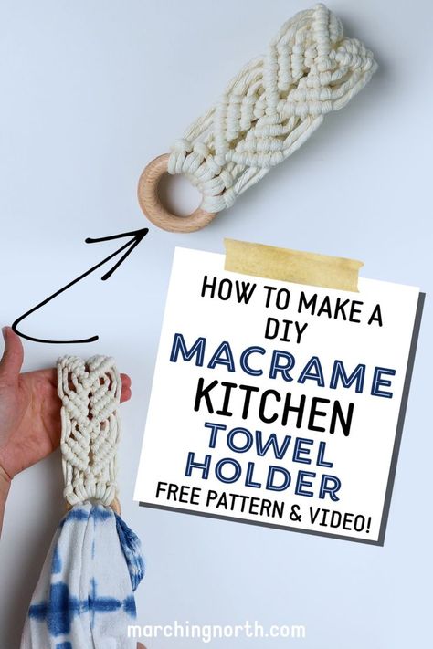 Learn how to make this cute and boho macrame kitchen towel holder with this step by step free pattern and video tutorial! It's perfect for the holidays, or all year round! | boho diy | free macrame patterns | easy macrame tutorial | macrame aesthetic Macrame Oven Towel Holder, Home Made Macrame, Macrame Towel Ring Pattern, Macrame Towel Ring Tutorial, Kitchen Towel Hangers, Macrame Hand Towel Holder Tutorial, Kitchen Towel Hanger Diy, How To Make A Hanging Kitchen Towel, Dish Towel Hanger Pattern