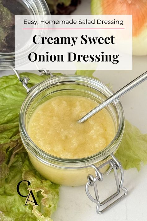 Enhance your favorite salads with this Creamy Sweet Onion Dressing. Subtle sautéed onions and healthy avocado oil create a mild flavor that pairs well with anything. Enjoy it chunky or creamy depending on your preference– regardless, you’ll have a fresh, homemade salad dressing in under ten minutes. Save this recipe so you can make it all year. Avocado Oil Salad Dressing, Creamy Salad Dressings Homemade, Sweet Onion Dressing Recipe, Sweet Onion Dressing, Homemade Salad Dressing Healthy, Salad Recipes Gluten Free, Easy Salad Dressing Recipes, Sautéed Onions, Healthy Avocado