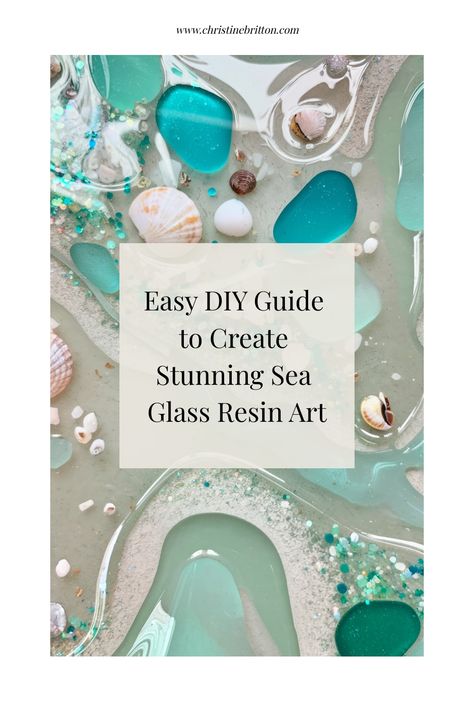 Easy DIY guide with seashells and turquoise resin art background. Resin Art Frame Ideas, Sea Glass Resin Art Diy, Sea Glass Window Art Diy, Easy Diy Resin Projects, Crushed Glass Crafts Diy, Resin Shell Art, Liquid Glass Projects, Sea Glass Epoxy Resin Diy, Sea Glass Crafts Diy