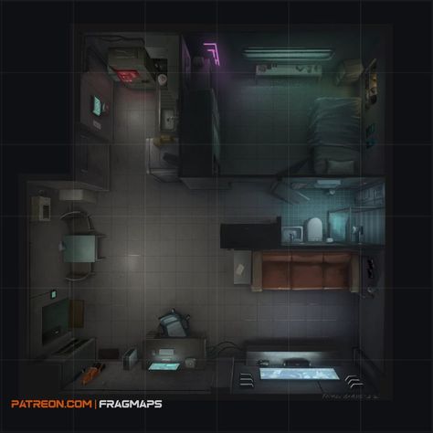 arcology apartment TTRPG battle map for cyberpunk Apartment Battlemap, Cyberpunk Map, Cyberpunk House, Map Bedroom, Cyberpunk Apartment, Cyberpunk Red, Shadowrun Rpg, Fire Exit, Arcology