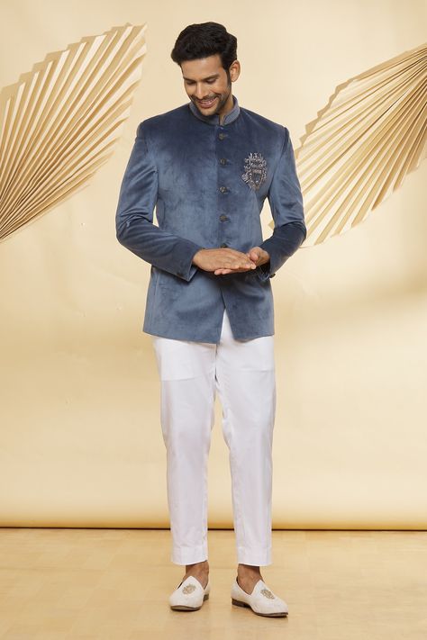 Shop for these amazing collections of Grey Jodhpuri: Suede Handwork And Pant Set For Men by Nero by Shaifali and Satya online at Aza Fashions. Jodhpuri Suit For Mens, Men Reception Wear Indian, Reception Outfit For Men, Blazer For Men Wedding Reception, Jodhpuri Suits For Men Latest, Sadi Dress, Jodhpuri Suits For Men Wedding, Wedding Outfits For Men, Mens Dresses