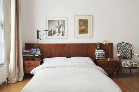 Looking for a bed, we chose this mid-century design classic, which sits satisfyingly low in the high-ceilinged bedroom. I then engaged some bespoke elements: the soft pink curtains were hand-dyed by Nest Design with a very subtle gradation from pink to peach, and we commissioned our friend, Luke Edward Hall, to paint directly onto the antique chair with a coy carp design. Home Interior Entrance, Rachel Chudley, Tiny Home Interior, Interior Entrance, Home Remodel, Tiny Home, Do It Yourself, Interior Designer, Home Interior