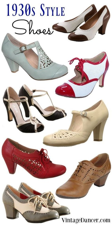 1930s shoes, 1930s style shoes, thirties shoes, vintage inspired 30s heels and oxfords at http://vintagedancer.com 1930s Shoes, Mode Rockabilly, 1930s Style, 30s Fashion, Retro Mode, 1930s Fashion, فستان سهرة, Vestidos Vintage, Moda Vintage