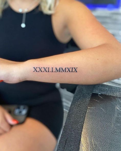 Roman Numeral Birthday Tattoo, Roman Numeral Tattoo Arm, Roman Numeral Wrist Tattoo, Roman Numeral Date Tattoo, Roman Numbers Tattoo, Birthdate Tattoo, Roman Numeral Tattoo, Side Wrist Tattoos, Numeral Tattoo