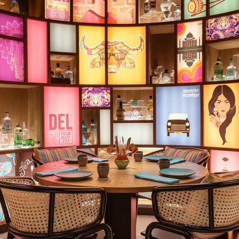 Street Food Restaurant, Indian Cafe, Restaurant In Dubai, Street Food Design, Eclectic Restaurant, Bar Design Awards, Booth Seating, Indian Street, Casual Dining Restaurant