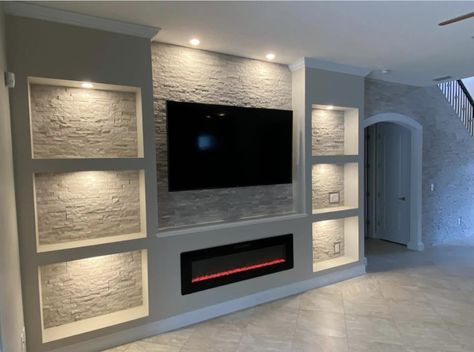 Fireplace Feature Wall, Tv Mounted, Tv Fal, Feature Wall Living Room, Built In Shelves Living Room, Living Room Wall Units, Build A Fireplace, Fireplace Tv Wall, Basement Living Rooms