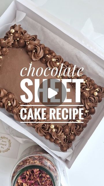 Sara's Dessert Box | Rahima on Instagram: "Perfect chocolate sheet cake recipe for a 12x8 inch tray 🤗   Ingredients: - 250g unsalted butter - 250g dark chocolate (at least 70% cocoa solids), chopped - 300g granulated sugar - 5 large eggs - 180g plain flour - 35g cocoa powder - 3/4 teaspoon baking powder - Pinch of salt - Optional: buttercream for piping - recipe in another reel, just scroll through my reels  Optional - top layer chocolate ganache - recipe is pinned in the comment.   Instructions: 1. Preheat your oven to 180°C (350°F) and grease or line a 12x8 inch baking tray.  2. In a heatproof bowl, melt the butter and chopped dark chocolate together over a pot of simmering water, stirring occasionally until smooth. Alternatively, you can melt them in the microwave in short bursts, stir Decorated Sheet Cakes For Men, Chocolate Sheet Cake Designs, Rectangle Chocolate Cake Design, Chocolate Square Cake Decorating Ideas, Chocolate Theme Cake, Chocolate Sheet Cake Decoration, Dark Forest Cake, Buttercream For Piping, Sheet Cake Designs Birthday