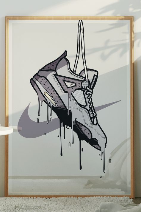 Handmade Nike Air Jordan 4 Sneaker print - Available as a digital downloadable file on Etsy Created for sneakers Enthusiasts, this printable illustration is a perfect gift ideas for boys and streetwear addicts. #nike #air #jordan #sneakerhead #sneakers #wall #art #print #poster #gift #idea #boys #etsy #wall #decor #handmade #graphic # illustration #streetwear Jordan 4 Painting Canvas, Shoes Graphic Design Poster, Jordan 4 Painting, Sneaker Painting Canvases, Nike Wall Art, Paintings For Guys Room, Jordan 4 Drawing, Jordan 4 Poster, Air Jordan Art