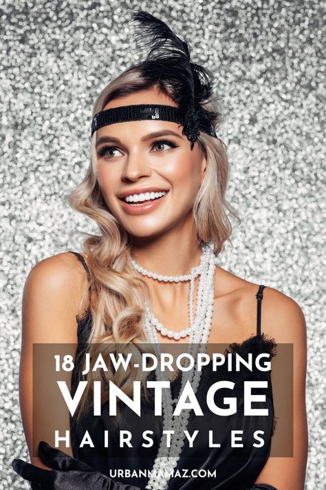 Looking for jaw dropping vintage hairstyles? Check out these 18 hottest vintage hairstyles that are always trendy! Short Hair Gatsby Style, 1920s Hollywood Glamour Hair, 20s Style Hair Long, Speakeasy Hairstyles Long Hair, Gatsby Bridal Hair, Roaring 20s Womens Hair, 1920s Glamour Hair, Twenties Hairstyles For Long Hair, Mardi Gras Hair Styles