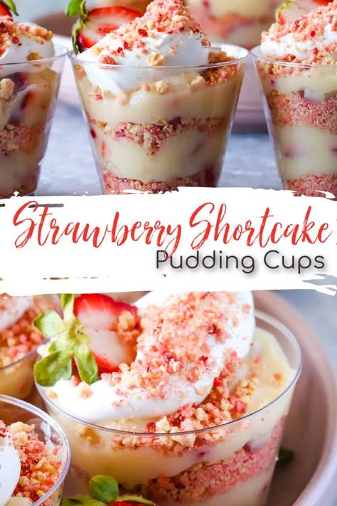 Strawberry Shortcake Pudding, Pudding Cup Recipes, Dessert Cups Recipes, Mini Dessert Cups, Ice Cream Man, Strawberry Dessert Recipes, Pudding Cups, Pudding Desserts, Strawberry Desserts