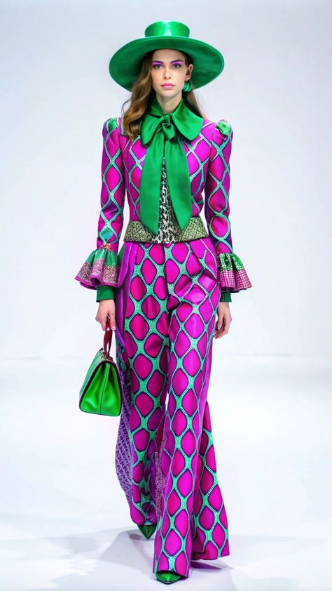 Woman wearing a bold pink and green Gucci-inspired outfit with a wide-brimmed hat and geometric patterns Pink And Green Fashion, Gucci Outfits Women, Women Trousers Design, Bold Outfits, Geometric Fashion, Runway Fashion Couture, High Fashion Looks, Fashion Fail, Tech Fashion