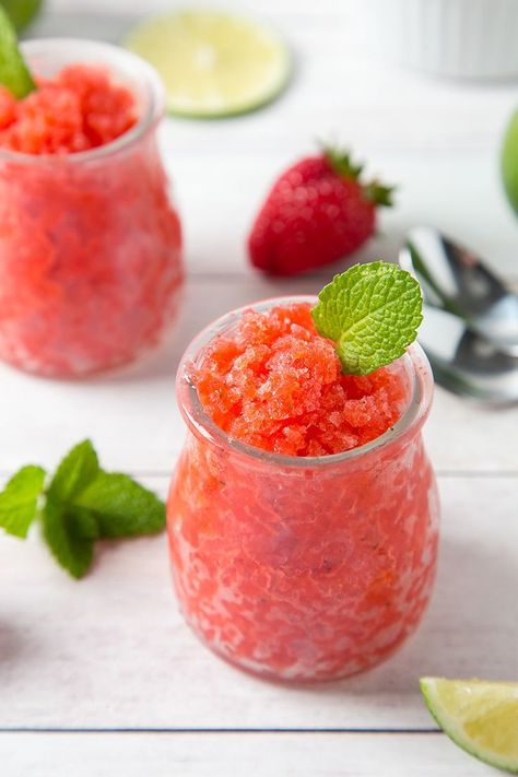 Strawberry Mint Limeade Granita #strawberry #granita #frozentreat #summer | The Missing Lokness Strawberry Granita, Mint Limeade, Homemade Sorbet, Granita Recipes, Strawberry Sweets, Bigger Bolder Baking, Baking Cookbooks, Strawberry Mint, Popular Desserts