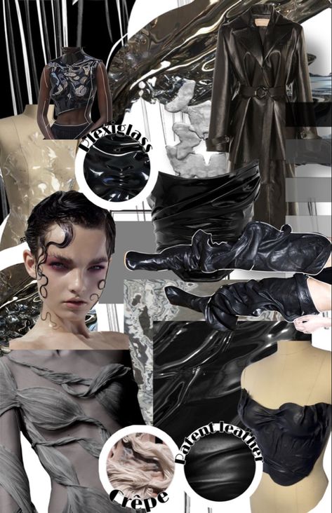 Concept Board Fashion Design, Fashion Design Moodboard Inspiration, Futuristic Fashion Moodboard, Trend Book Layout, Fashion Portfolio Moodboard, Fabric Board Fashion, Moodboard Fashion Design Mood Boards, Moodboard Ideas Layout, Fashion Trend Moodboard