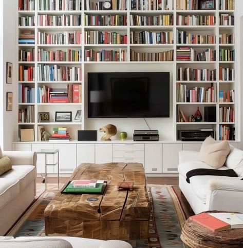 Bookshelves In Living Room With Tv, White Bookshelf Decor, Eclectic Bookshelf, Home Interior Design Modern, Modern Home Library, Living Room With Tv, Bookshelf Designs, Room With Tv, Game Room Ideas