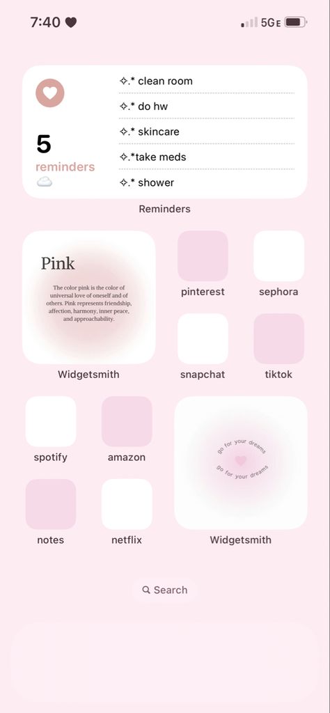 Pink Ios Aesthetic Homescreen, Cute Iphone Ideas Homescreen, Light Pink Ios 16, Pink Phone Inspiration, Pink And White Iphone Layout, Girly Widget Iphone Ideas, Light Pink Phone Aesthetic, Iphone Layout Themes, Minimalist Iphone Layout Pink