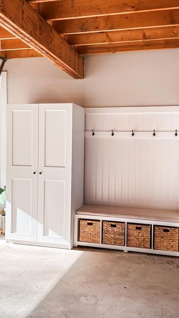 Creating A Mudroom In Garage, Garage Shoe And Bag Storage, Small Mudroom Garage Entry, Garage Cubby Storage Diy, Drop Zone Garage Entry, Garage Entry Mudroom Ideas, Mudroom Next To Stairs, Basement Coat Storage Ideas, Coat Closet In Garage