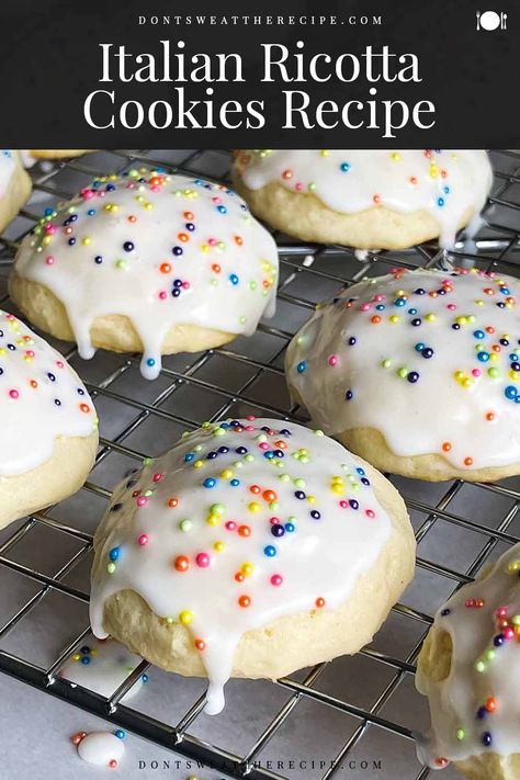 Italian ricotta cookies are thick, soft, cake-like crumb cookies with a simple sweet glaze that is a tradition during Christmas and Easter holidays! Best Italian Cookie Recipe, Crumb Cookies, Italian Christmas Desserts, Ricotta Cookies Recipe, Italian Christmas Cookie Recipes, Cheese Cookies Recipe, Italian Ricotta Cookies, Christmas Cookie Recipes Holiday, Ricotta Cookies