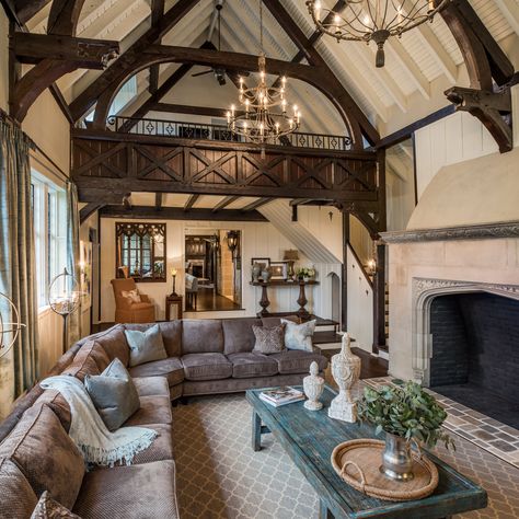 Tudor style family room with large stone fireplace and loft Tudor Decor, English Tudor Homes, Tudor Cottage, Alpine Design, Tudor Style Homes, Dome Tent, Tudor House, Tudor Style, Family Room Design